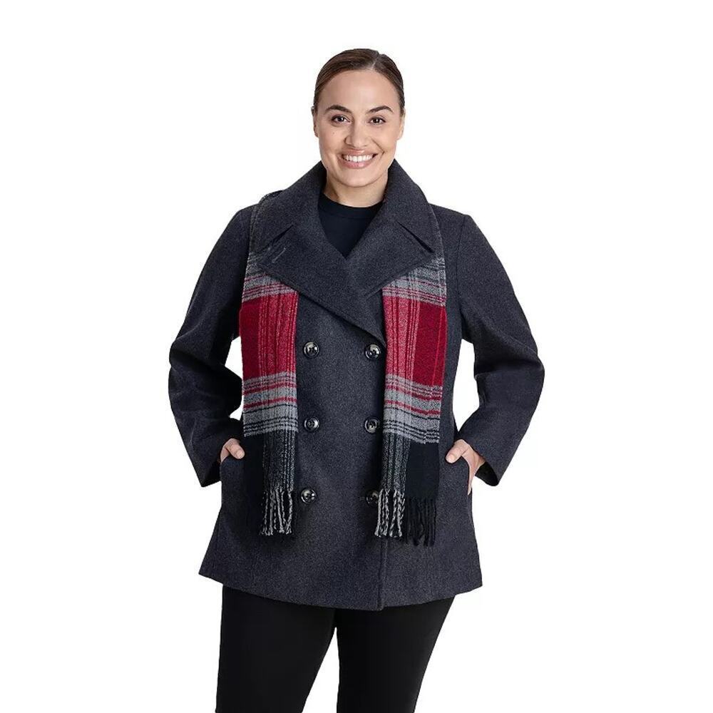 NEW London Fog Women's 1X Gray Wool Blend Pea Coat with Scarf